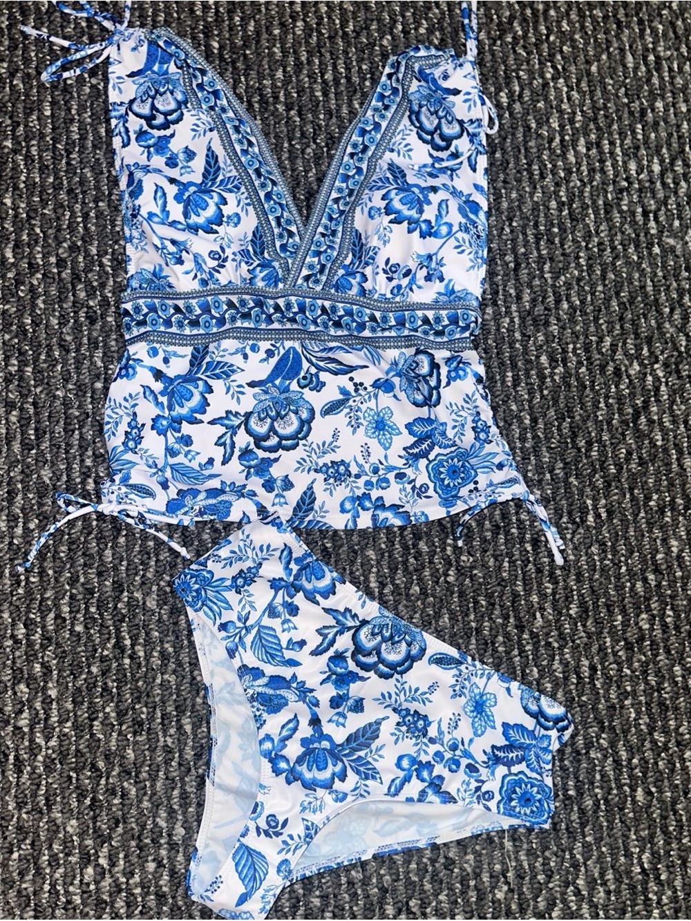 Blue Floral Plunge Tankini Bikini Set - Women Swim